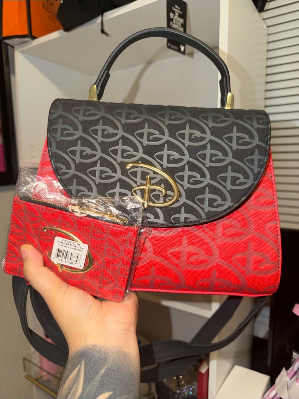 Loungefly Black & Red Monogram Top-Handle Satchel with Gold D Logo